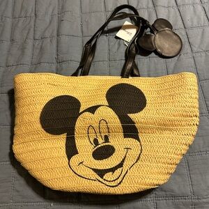Disney Mickey Mouse Straw Tote - Black and Tan